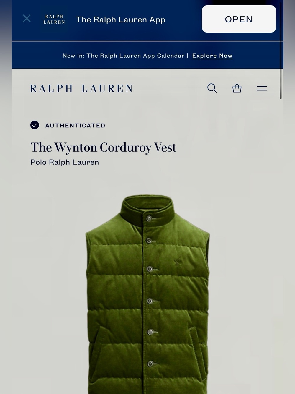 Polo by Ralph Lauren Olive Green Wynton Corduroy Puffer Vest
